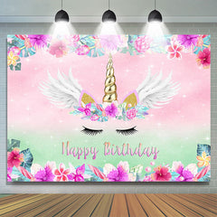 Lofaris Pink Floral Unicorn Theme Happy Birthday Backdrop Banner