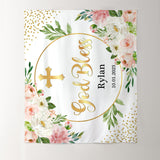 Load image into Gallery viewer, Lofaris Pink Floral Wreath God Bless Gold Glitter Baptism Backdrop