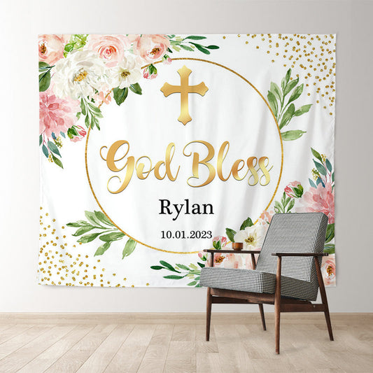 Lofaris Pink Floral Wreath God Bless Gold Glitter Baptism Backdrop