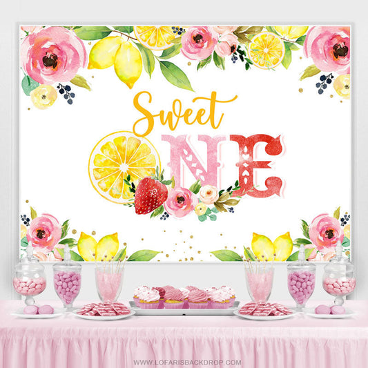 Lofaris Pink Floral Yellow Lemon Sweet 1st Birthday Backdrop