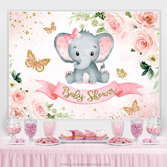 Lofaris Pink Flower And Butterfly Elephant Baby Shower Backdrop