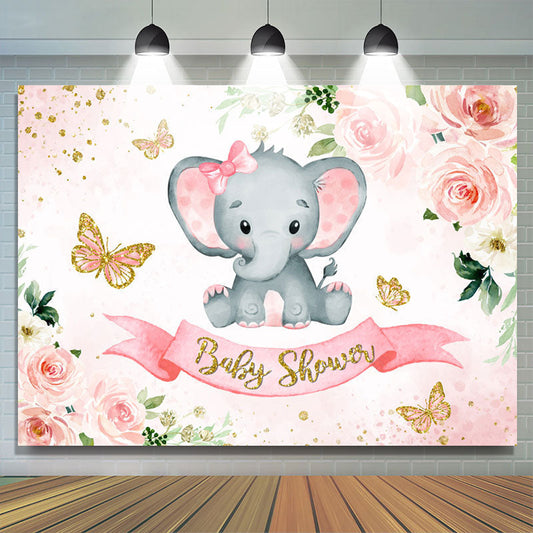 Lofaris Pink Flower And Butterfly Elephant Baby Shower Backdrop