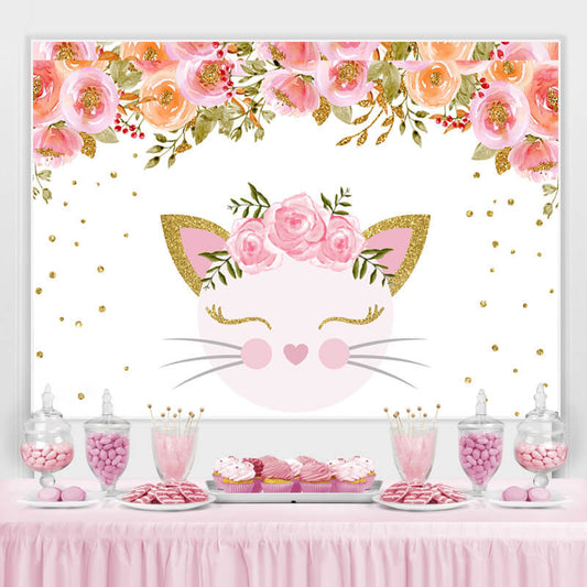 Lofaris Pink Flower And Cat Happy Birthday Backdrop For Girl