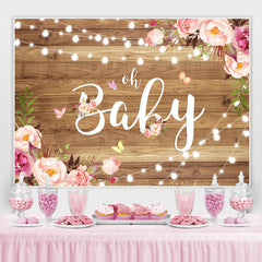 Lofaris Pink Flower and Fairy Lights Wood Baby Shower Backdrop