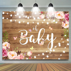 Lofaris Pink Flower and Fairy Lights Wood Baby Shower Backdrop