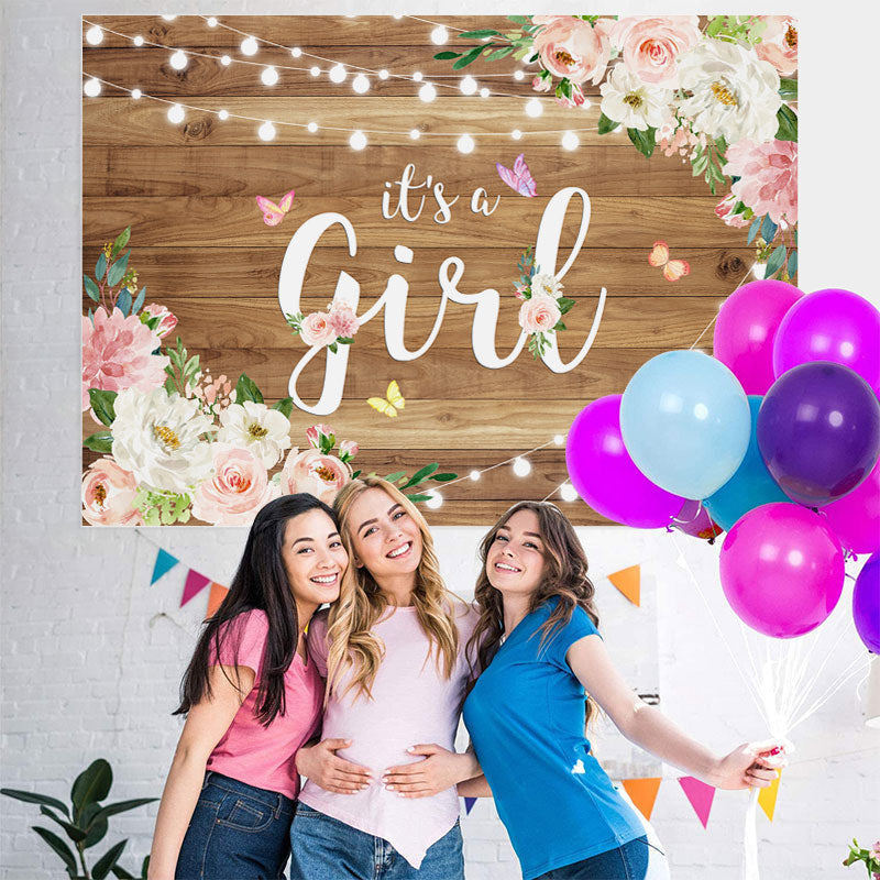 Lofaris Pink Flower and Flying Butterfly Baby Shower Backdrop