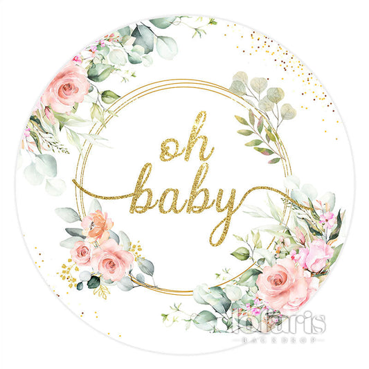 Lofaris Pink Flower And Golden Circle Baby Shower Backdrop