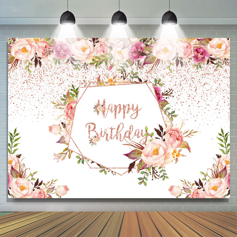 Lofaris Pink Flower And Green Plants Happy Birthday Backdrop