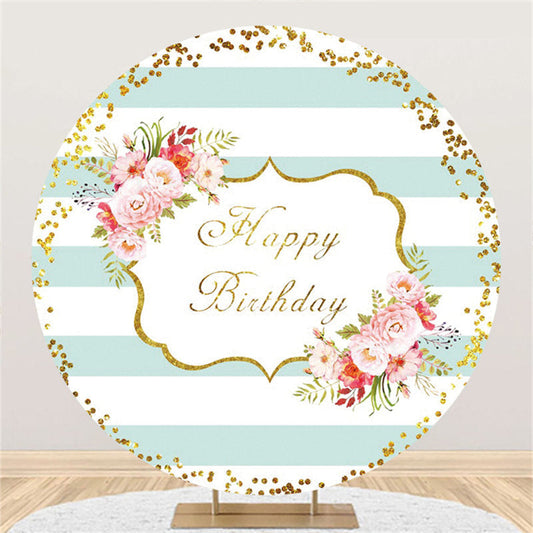 Lofaris Pink Flower And Stripe Happy Birthday Round Backdrop