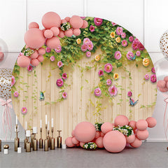 Lofaris Pink Flower And Wooden Happy Birthday Circle Backdrop