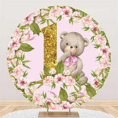 Lofaris Pink Flower Bear Birthday Round Backdrop For Party