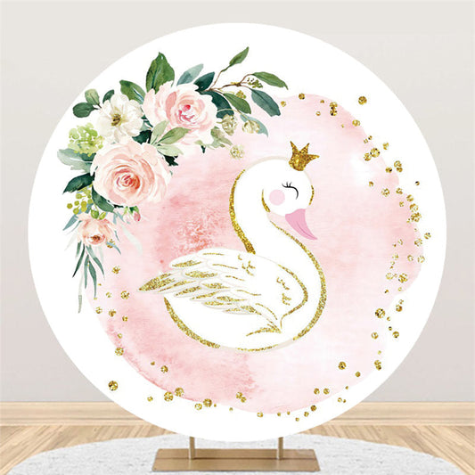 Lofaris Pink Flower Cute Swan Glitter Golden Round Backdrop