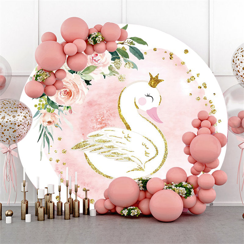 Lofaris Pink Flower Cute Swan Glitter Golden Round Backdrop