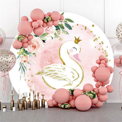 Lofaris Pink Flower Cute Swan Glitter Golden Round Backdrop