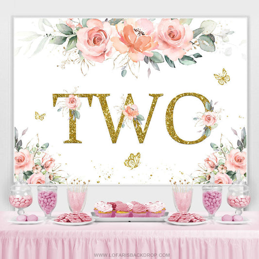 Lofaris Pink Flower Glitter Butterfly Wild Two Birthday Backdrop