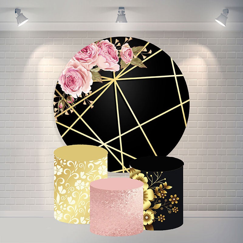 Lofaris Pink Flower Gold Black Happy Birthday Circle Backdrop
