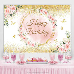 Lofaris Pink Flower Gold Butterfly Happy Birthday Backdrop