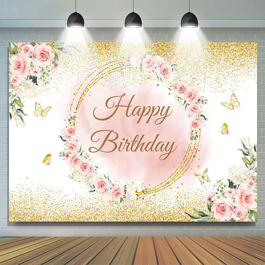 Lofaris Pink Flower Gold Butterfly Happy Birthday Backdrop