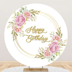 Lofaris Pink Flower Gold Happy Birthday Round Backdrop For Party