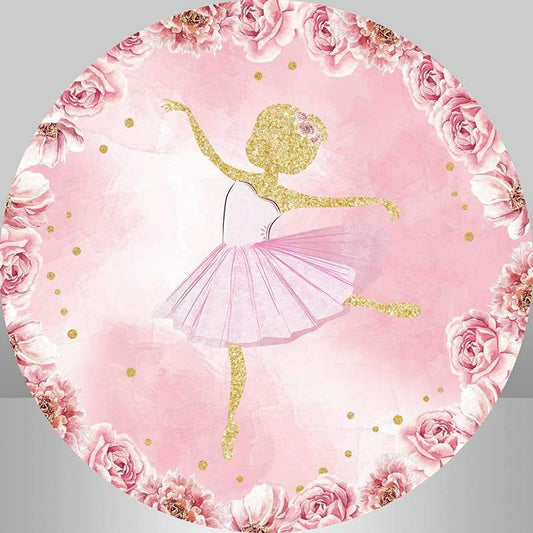 Lofaris Pink Flower Gold Round Happy Birthday Backdrop For Girl