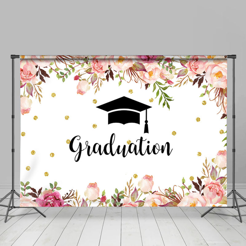 Lofaris Pink Flowers And Glitter Golden Dot Graduation Backdrop