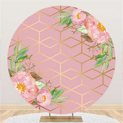 Lofaris Pink Flowers And Leaves Golden Lines Round Backdrop