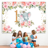 Load image into Gallery viewer, Lofaris Pink Flowers Elephant Theme Happy 1St Birthday Backdrop