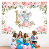 Load image into Gallery viewer, Lofaris Pink Flowers Elephant Theme Happy 1St Birthday Backdrop
