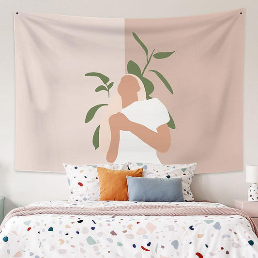 Lofaris Pink Girl And Leaves Pattern Still Life Wall Tapestry