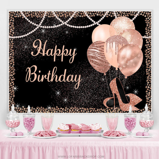 Lofaris Pink Glitter Balloons And Heels Black Birthday Backdrop