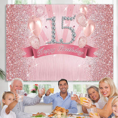 Lofaris Pink Glitter Balloons Diamond 15 Happy Birthday Backdrop