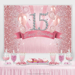 Lofaris Pink Glitter Balloons Diamond 15 Happy Birthday Backdrop