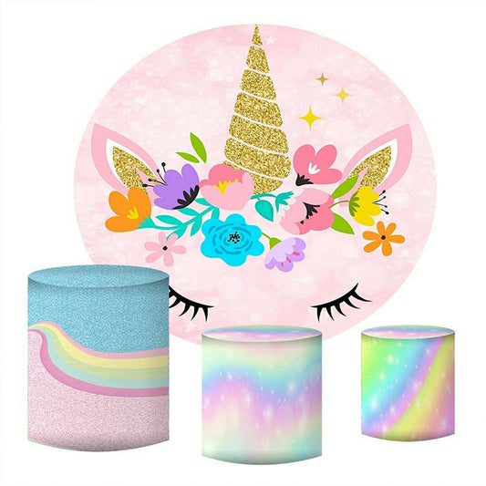 Lofaris Pink Glitter Floral Unicorn Round Birthday Backdrop
