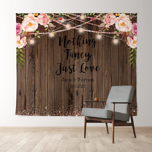 Lofaris Pink Glitter Flowers Wooden Theme Wedding Backdrop