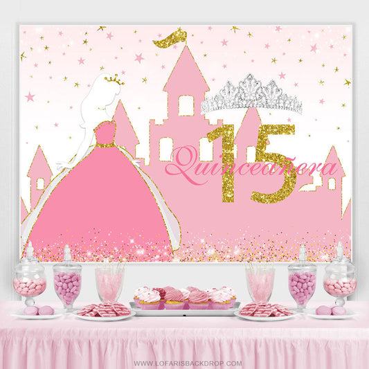 Lofaris Pink Glitter Golden Sweet 15 Happy Birthday Backdrop