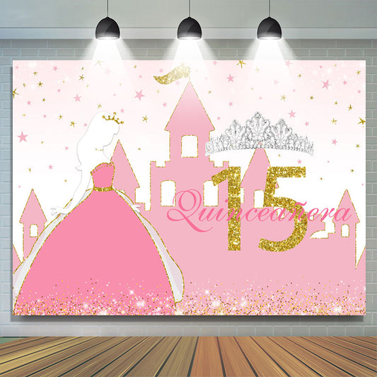 Lofaris Pink Glitter Golden Sweet 15 Happy Birthday Backdrop