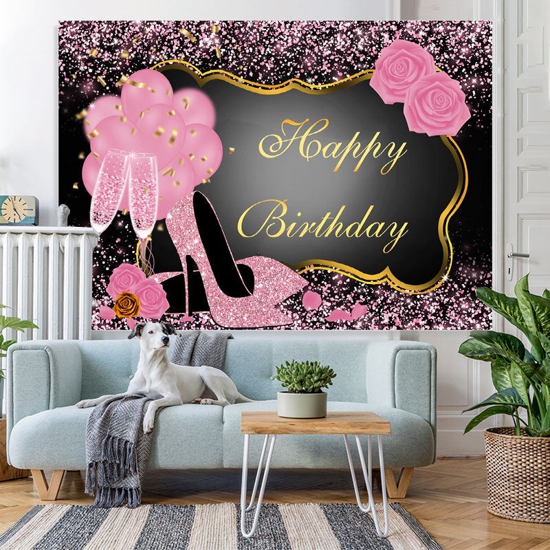 Lofaris Pink Glitter Happy Birthday Backdrop for Women Girls