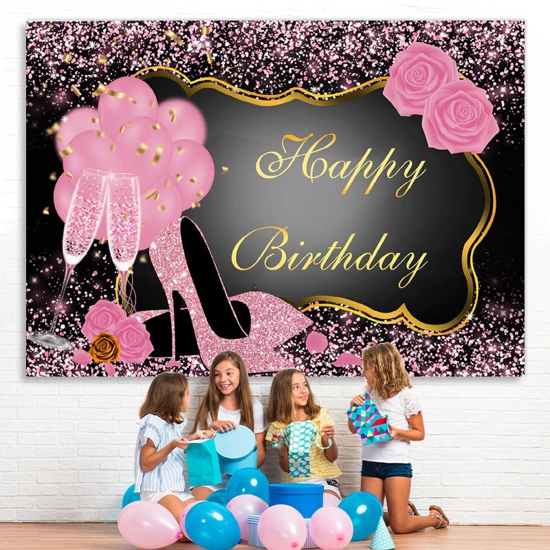 Lofaris Pink Glitter Happy Birthday Backdrop for Women Girls