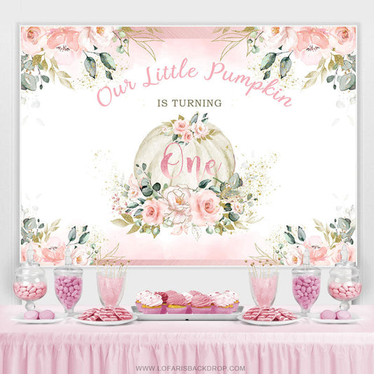 Lofaris Pink Glitter Little Pumpkin Happy 1st Birthday Backdrop