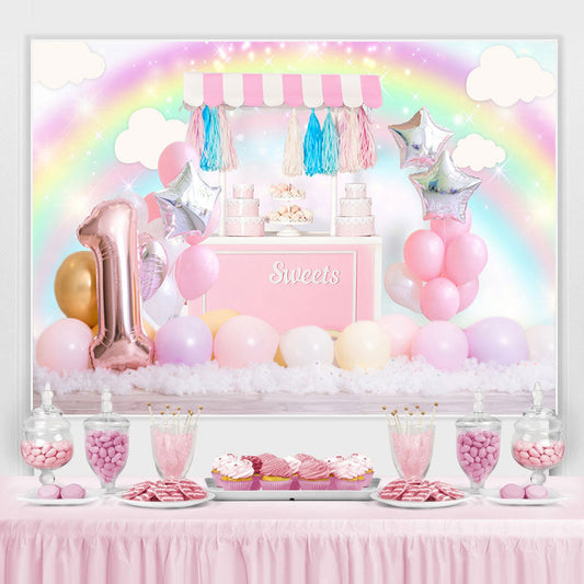 Lofaris Pink Glitter Sweet Balloon Rainbow 1St Birthday Backdrop