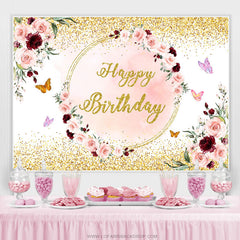 Lofaris Pink Gloden Floral Butterfly Happy Birthday Backdrop