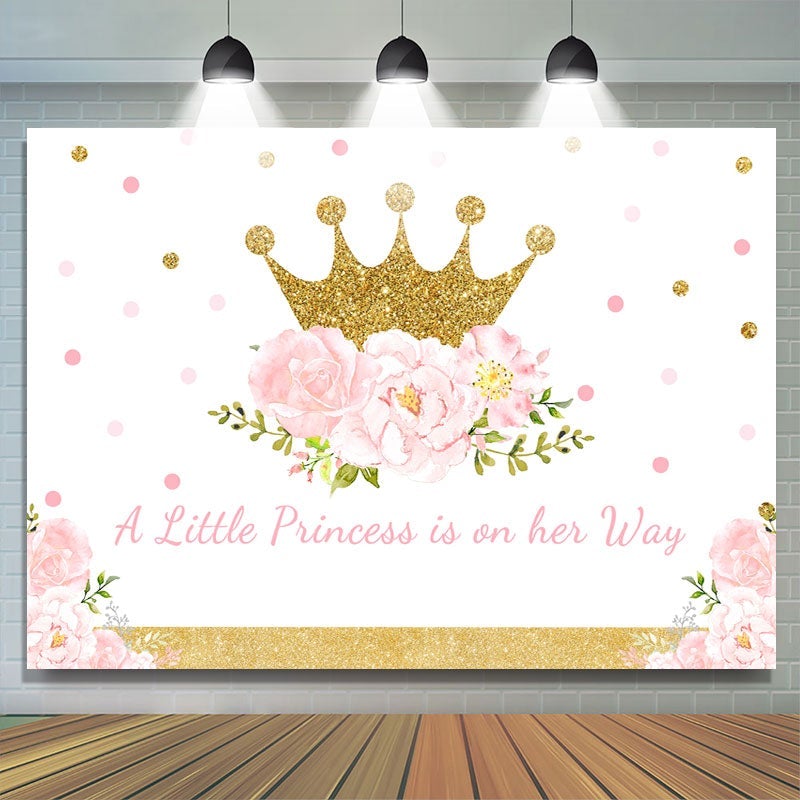 Lofaris Pink Gold Crown Flowers Baby Shower Backdrop for Girl