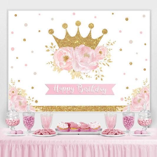 Lofaris Pink Gold Floral Crown Happy Birthday Party Backdrop for Girl