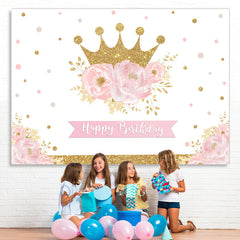 Lofaris Pink Gold Floral Crown Happy Birthday Party Backdrop for Girl