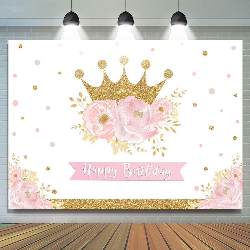 Lofaris Pink Gold Floral Crown Happy Birthday Party Backdrop for Girl