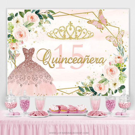 Lofaris Pink Gold Flower Butterfly Happy 15Th Birthday Backdrop