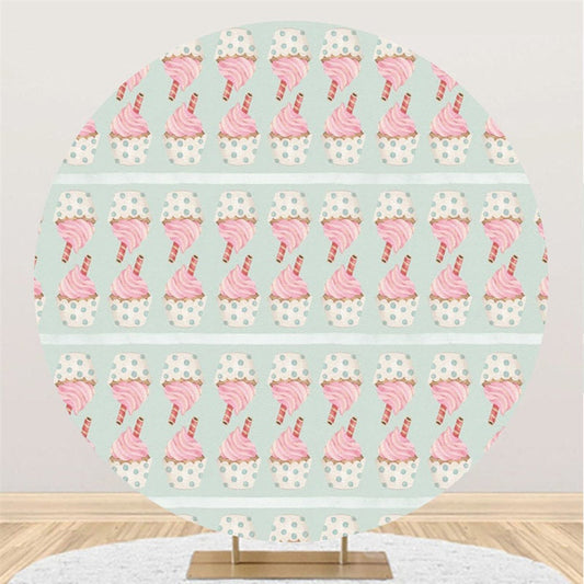 Lofaris Pink Ice Cream Round Green Birthday Backdrop For Kids