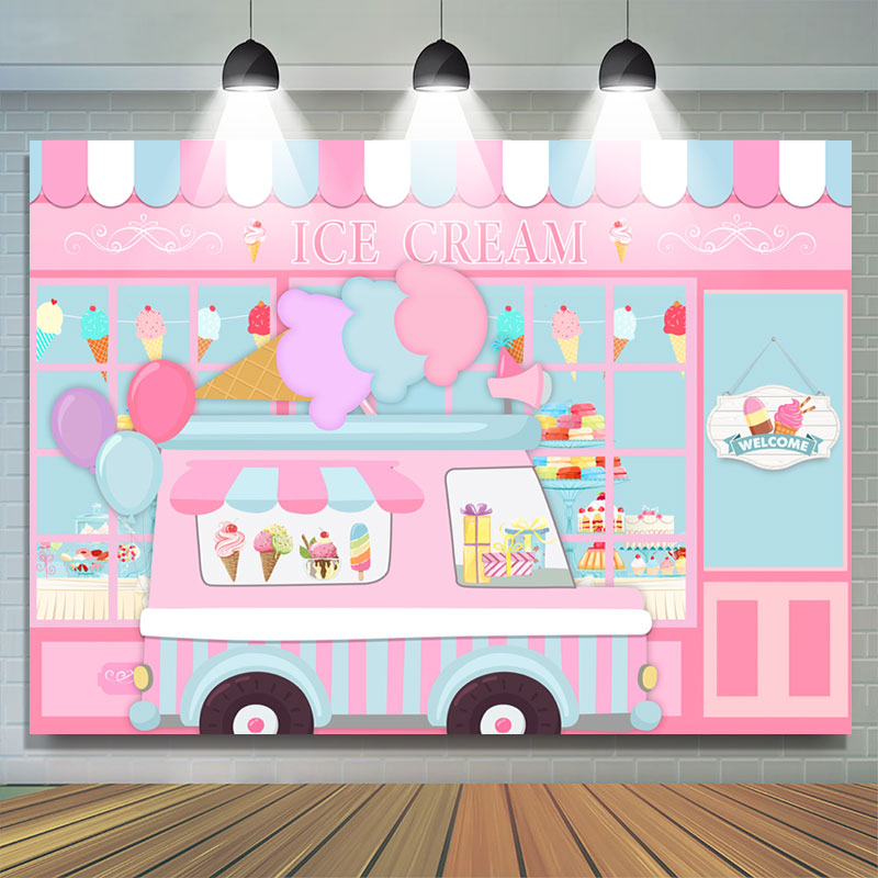Lofaris Pink Ice Cream Truck Shop Birthday Party Backdrop
