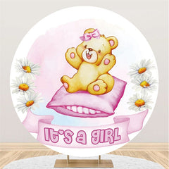 Lofaris Pink Its A Girl Bear And Pillow Round Baby Shower Backdrop