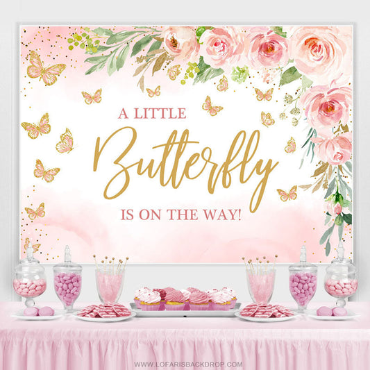 Lofaris Pink Little Butterfly Flowers Baby Shower Backdrop